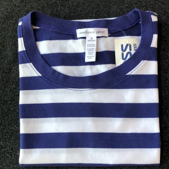 Ambiance Apparel Woman’s 95% Cotton Blue-White Striped T-Shirt Soft Size M - Picture 7 of 13